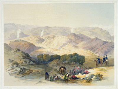 Jugdelluk, o último posto feito pelo exército do general Elphinestone no retiro de Calamitos, placa 21 de "Cenário, habitantes e fantasias do Afeganistão", gravada por Hulme, 1848 de James Rattray